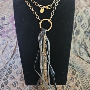 Gold Ring Tassel Necklace with Black and Gold Straps